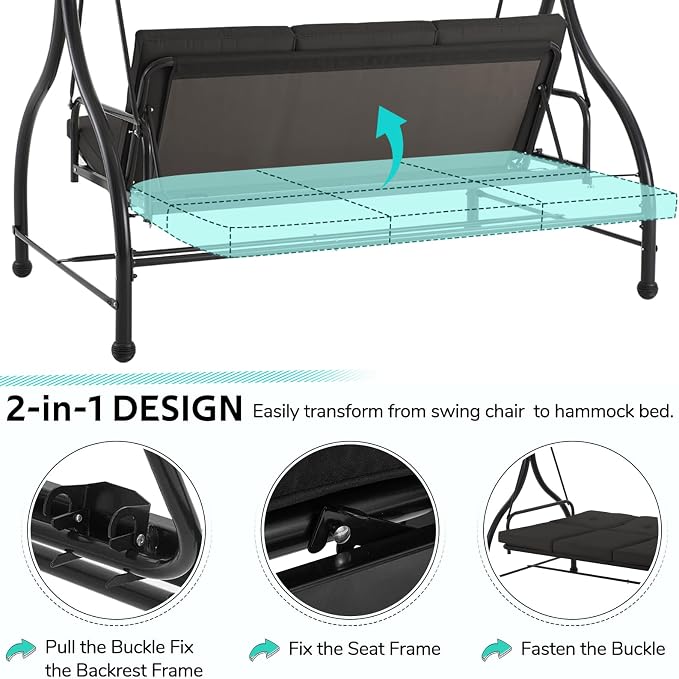 U-MAX Porch Swing Chair with Adjustable Backrest&Canopy, 3 Seat Patio Swing - Image 2