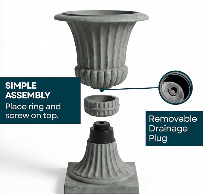 Urn Planters 22", Tall Stone-Resin Pedestal Planters - Image 9