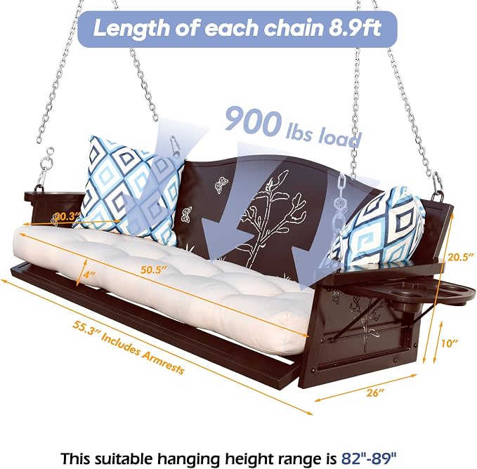 3-Seat Metal Porch Swing 900 LBS Heavy Duty Hanging Bench - Image 7