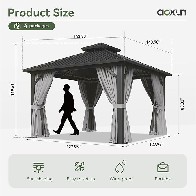 Aoxun 12'x12' Hardtop Gazebo, Aluminum Frame Canopy - Image 3