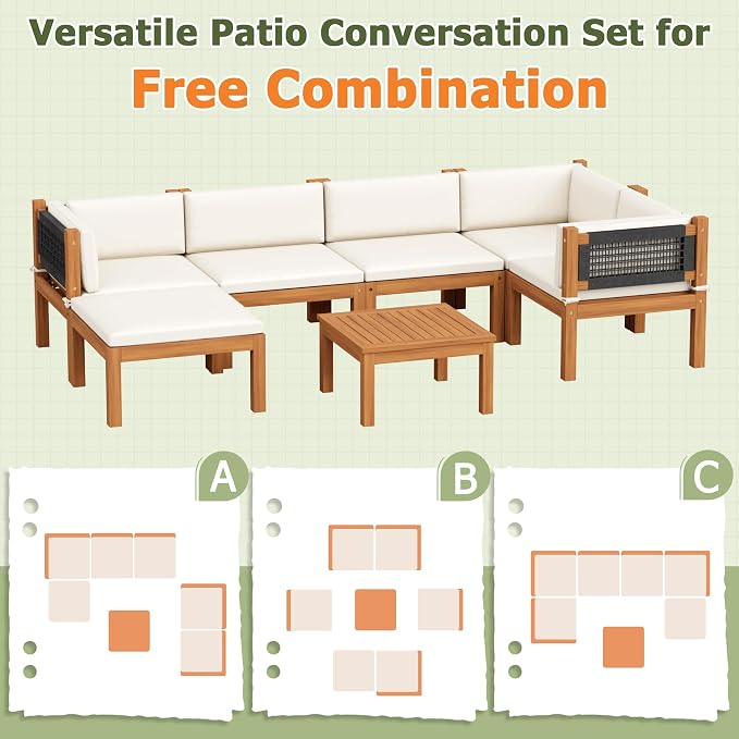 Devoko 7 Piece Acacia Wood Patio Sofa, Outdoor Sectional Coach and Love Seat - Image 6