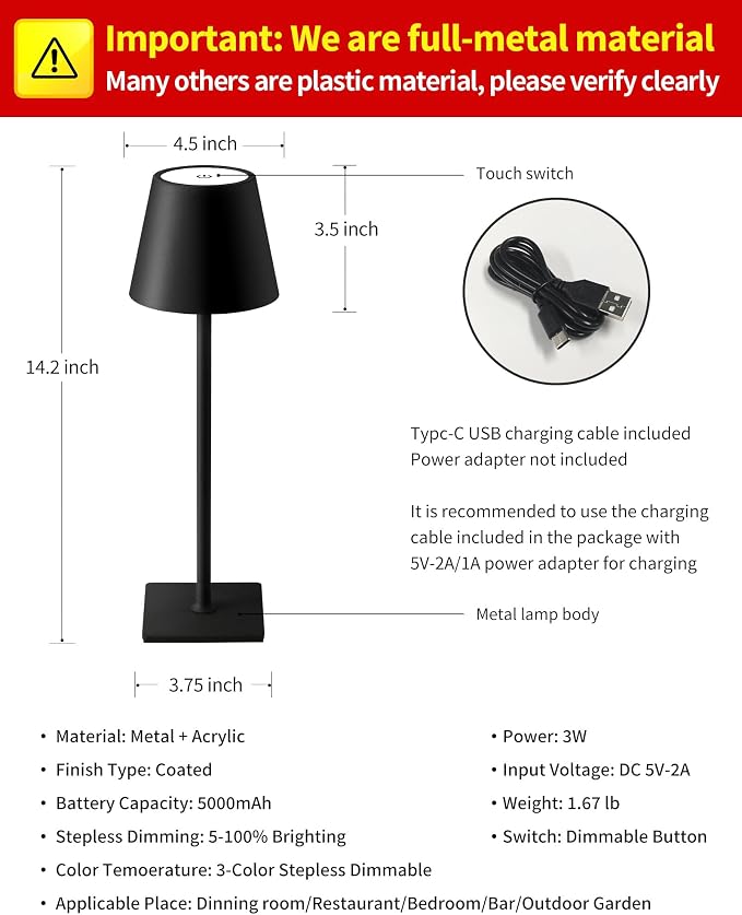 KDG 2 Pack Cordless Table Lamp, Portable LED Desk Lamps, 5000mAh Battery - Image 5