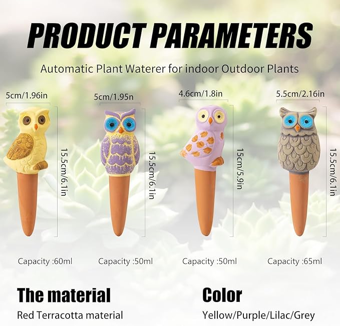 4 Pack Handmade Terracotta Owl Watering Spikes and Globes, Self-Watering Plant - Image 2