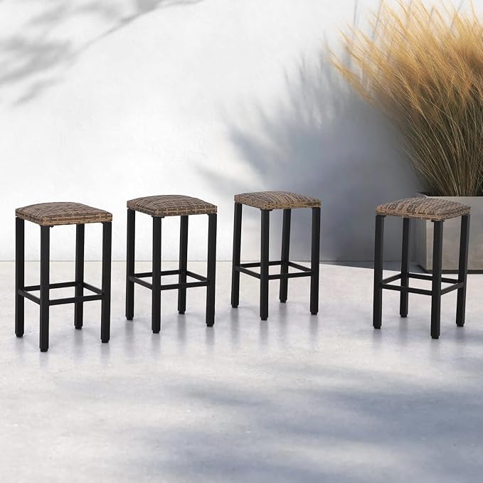 PHI VILLA Outdoor Bar Stools Set of 4, 26” Wicker Seat Counter Height Backless - Image 6