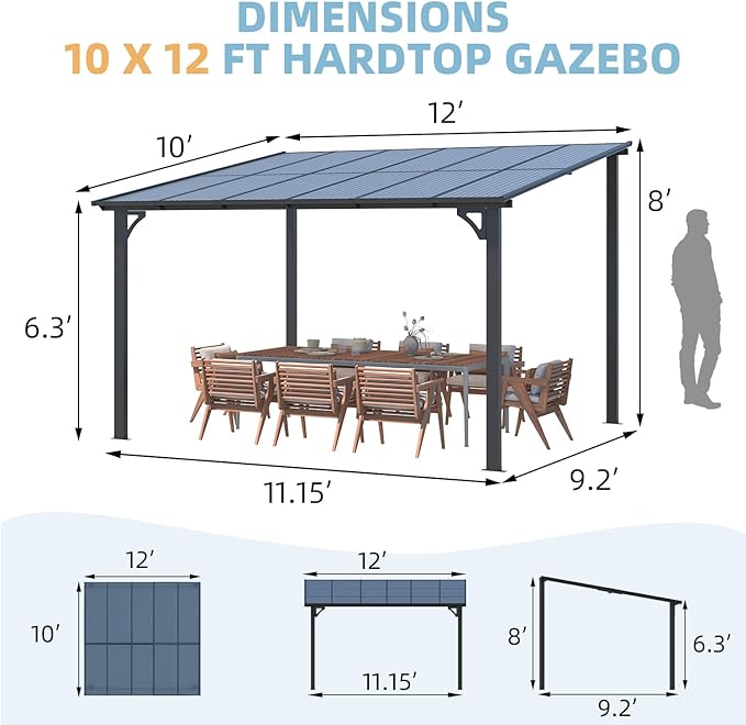 AECOJOY Wall Gazebo12’ x 10’, Hard Top Gazebos Pergola on Clearance, Outdoor - Image 7