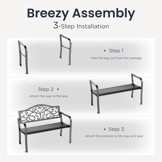 PHI VILLA 43 Inch Cast Iron Steel Frame Outdoor Garden Bench, Patio Furniture - Image 6