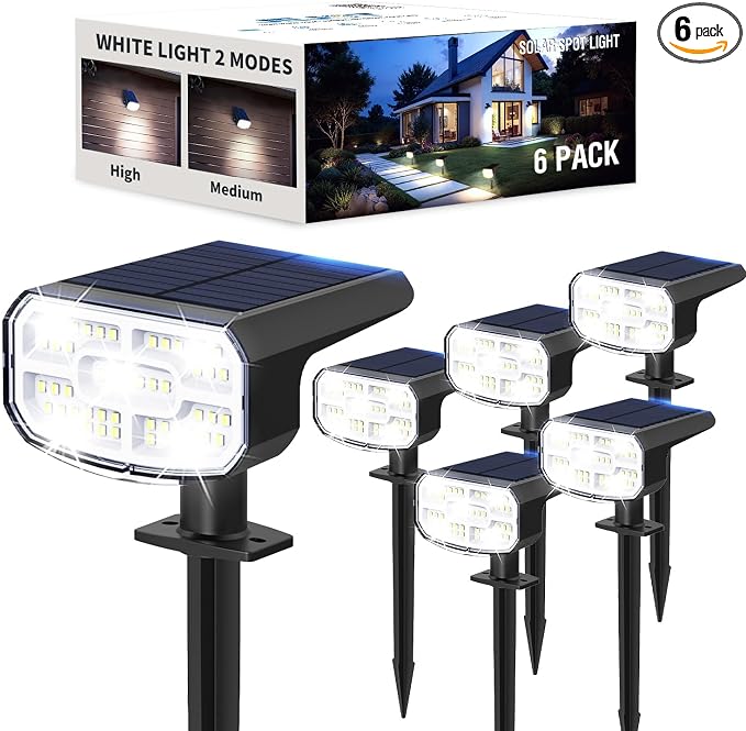 Solar Spot Lights Outdoor Waterproof IP65, 6 Pack, Cool Light, 2 Lighting Modes by JEJOT