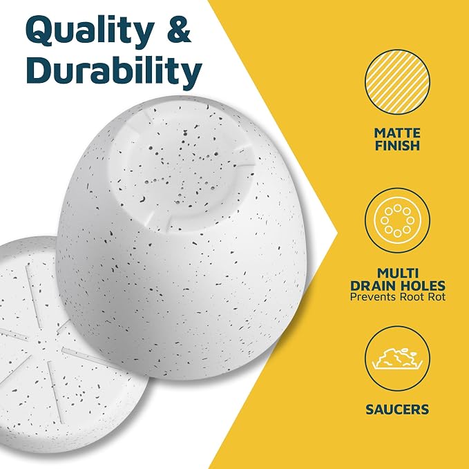 White Gray Plant Pots with Drainage Holes & Saucers 5 Pack, Indoor & Outdoor - Image 7