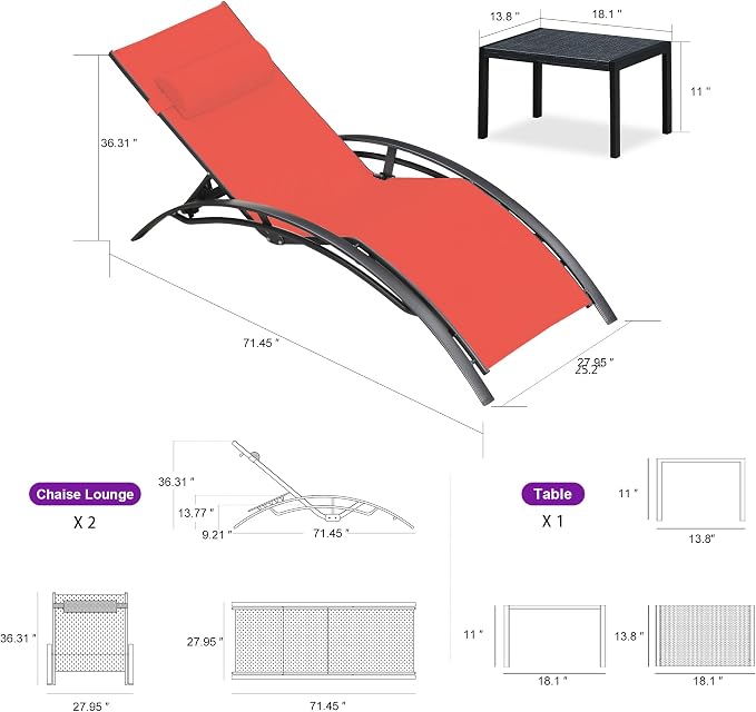 PURPLE LEAF Patio Oversized Chaise Lounge Chair Set - Image 6