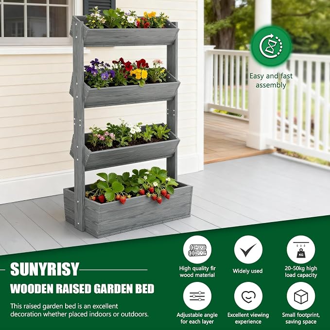 SUNYRISY 4 Tiers Vertical Raised Garden Bed Outdoor Planter Tower, Wooden - Image 4