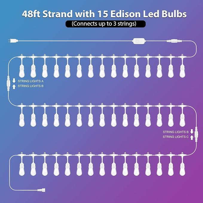 Mlambert 48FT Outdoor Patio Lights, 6 Lighting Modes RGB Cafe String Lights - Image 5