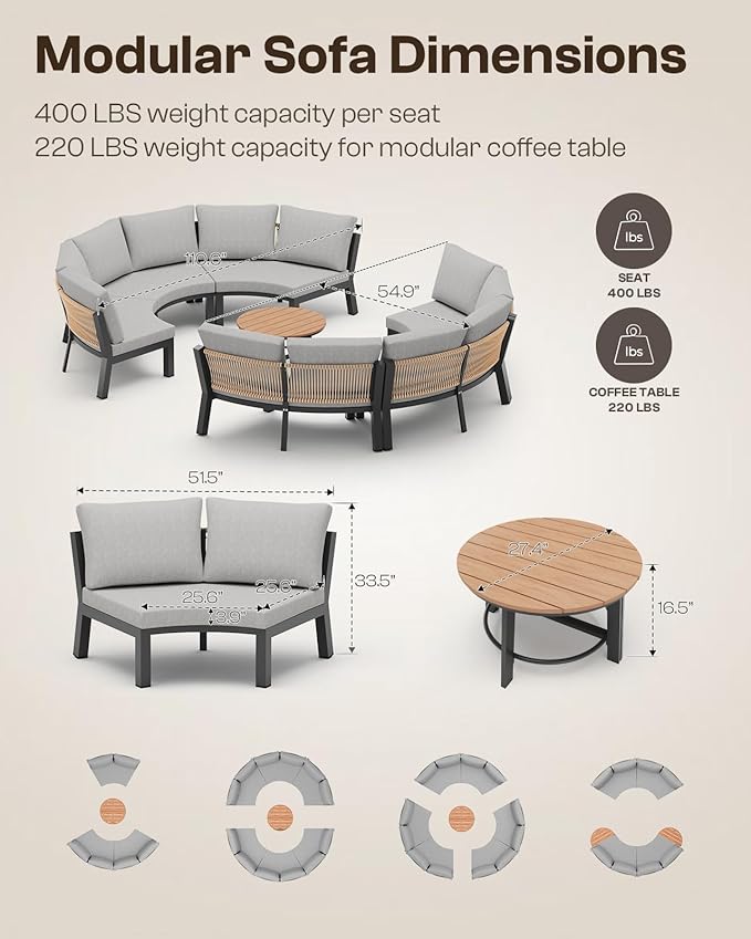 Outdoor Patio Sectional Modular Sofa, Aluminum 1 Piece Curved Patio Couch - Image 2