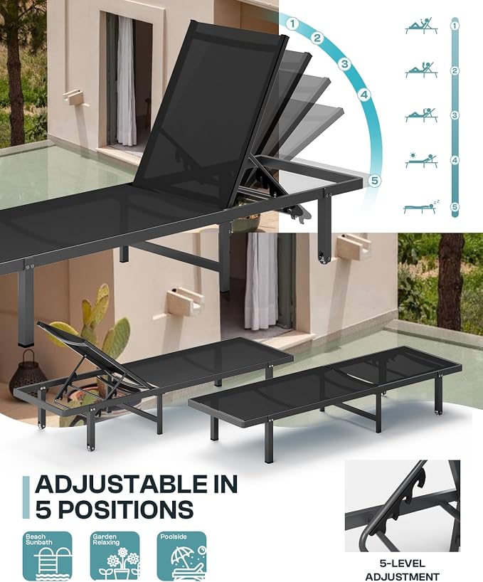 Aluminum Outdoor Lounge Chairs Set of 2, Pool Lounge Chairs - Image 5