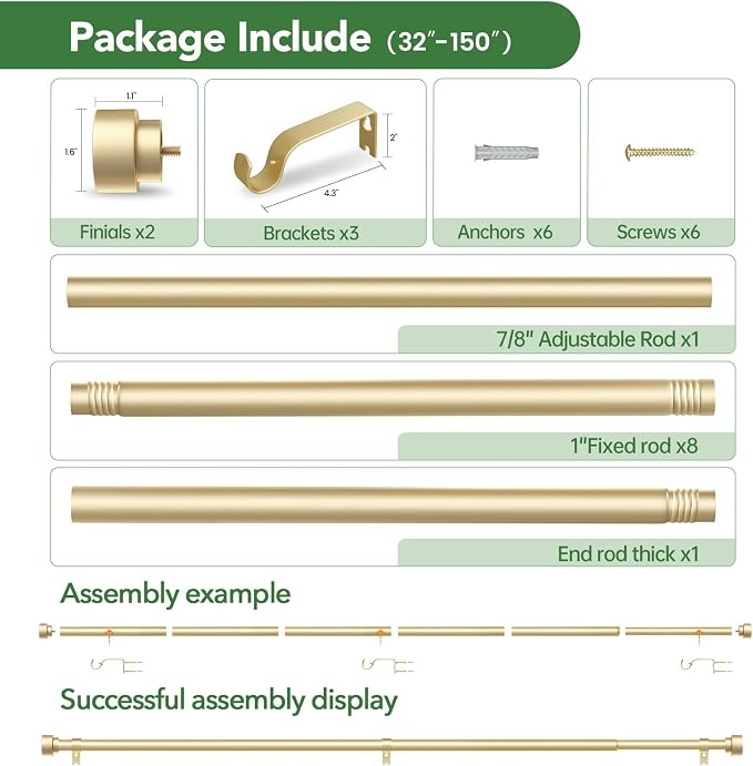 Curtain Rods for Windows 72 to 144, 1 Inch Adjustable Gold Heavy Duty Long - Image 6