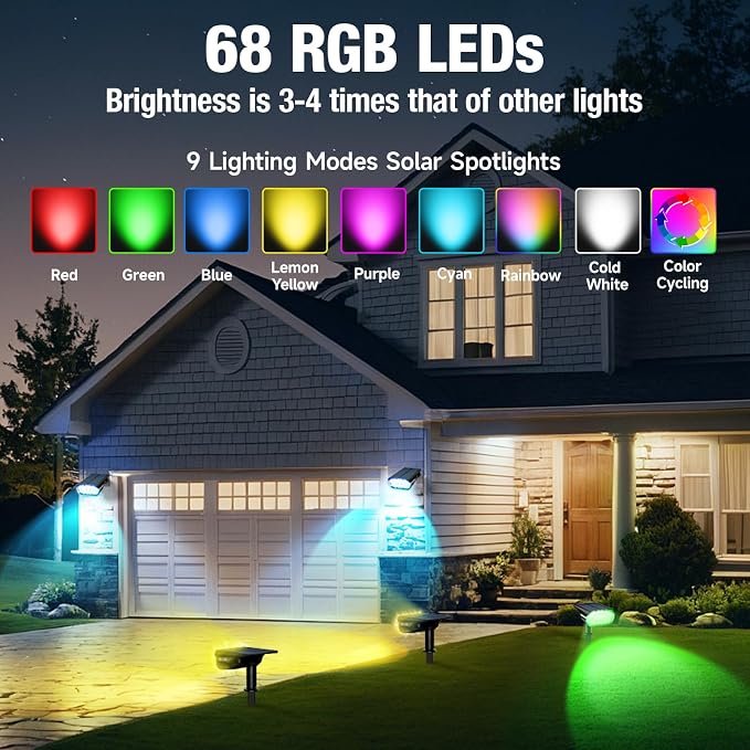 68 LEDs RGB Solar Spot Lights, 1000 Lumens 9 Lighting Modes Color Changing - Image 2
