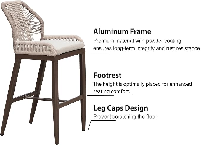PURPLE LEAF Patio Bar Stool Counter Height Set of 2 Outdoor Rattan Chairs - Image 7