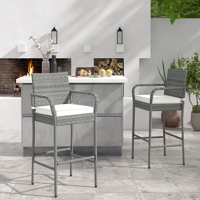 COSTWAY Wicker Bar Stools Set of 4, Patio Bar Height Chairs - Image 8