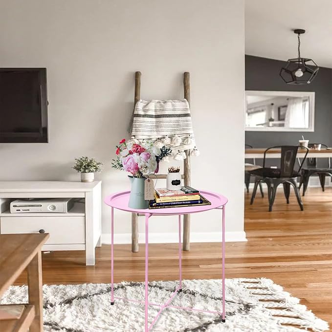 Garden 4 you End Table 2 PCS Metal Side Table Pink Round Folding Tray Cyan Sofa - Image 4