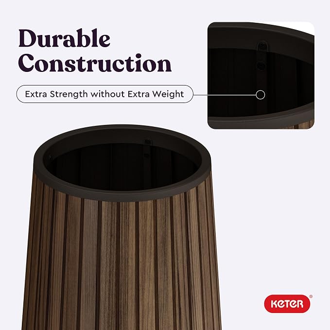 Keter Signature Conic 23.8 Inch Tall Round Large Wood Look Planter - Image 9