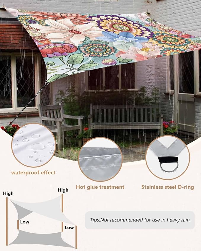 Sun Shade Sail 8'x10' Boho Floral Rectangle Sun Shade Sails Canopy Waterproof - Image 6