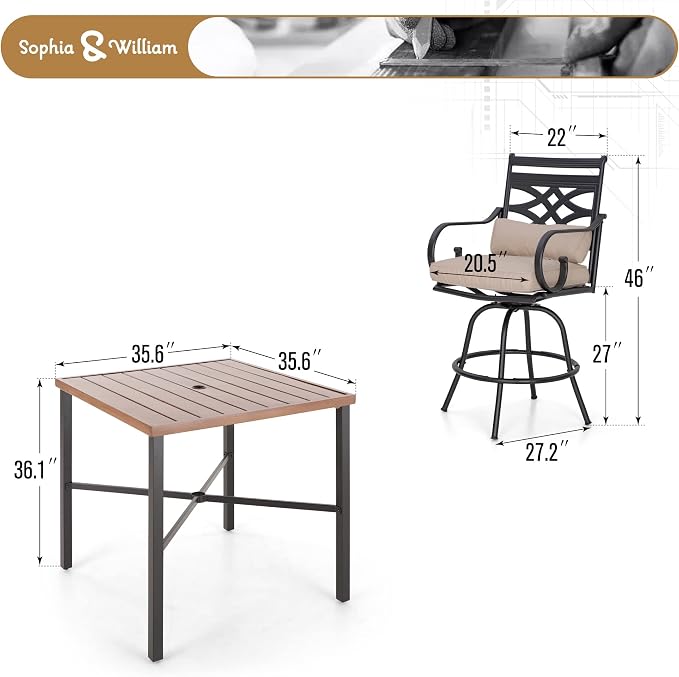 Sophia & William Outdoor Patio Bar Set 5 Piece High Dining Table and Chairs - Image 7