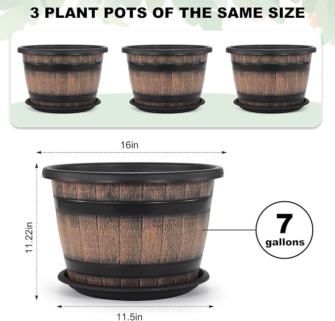 Quarut Large Plastic 3 Pack16 inch Plant Pots, Whiskey Barrel Planters - Image 2
