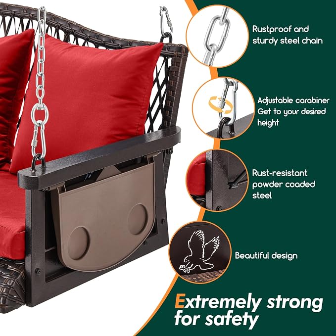 Upgraded Wicker Hanging Porch Swing Heavy Duty 900 LBS 3-Seat Outdoor Patio - Image 5