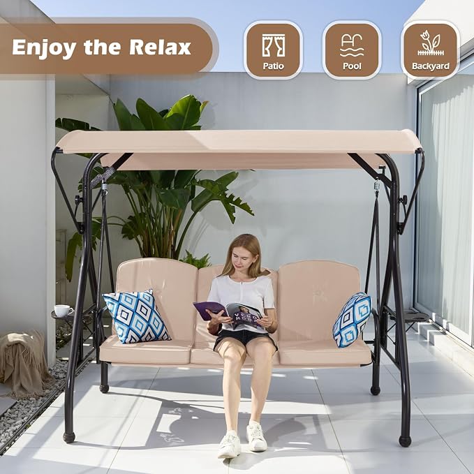 800LBS Patio Swing with Canopy 3 Seat Outdoor Porch Swing with Stand w/Cup - Image 7