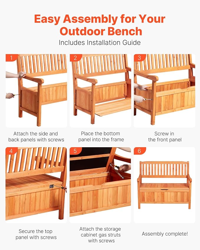 VEVOR Outdoor Storage Bench, 2-Person Wooden Storage Bench, 33 Gallons Deck Box - Image 7