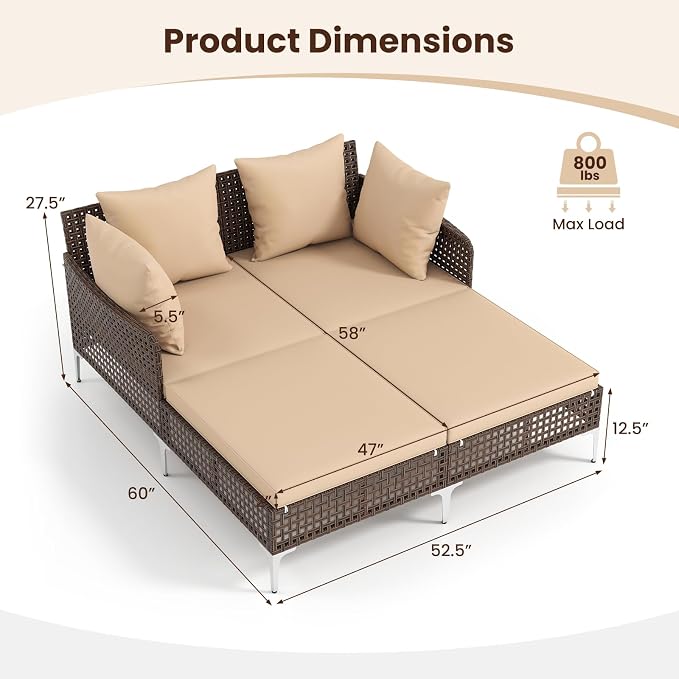 Tangkula Outdoor Rattan Double Daybed, Boho Wicker Chaise Lounge - Image 5