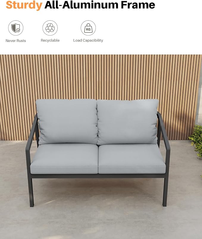 Outdoor Patio Loveseat, Never-Rust Aluminum Outdoor Loveseat Couch - Image 5