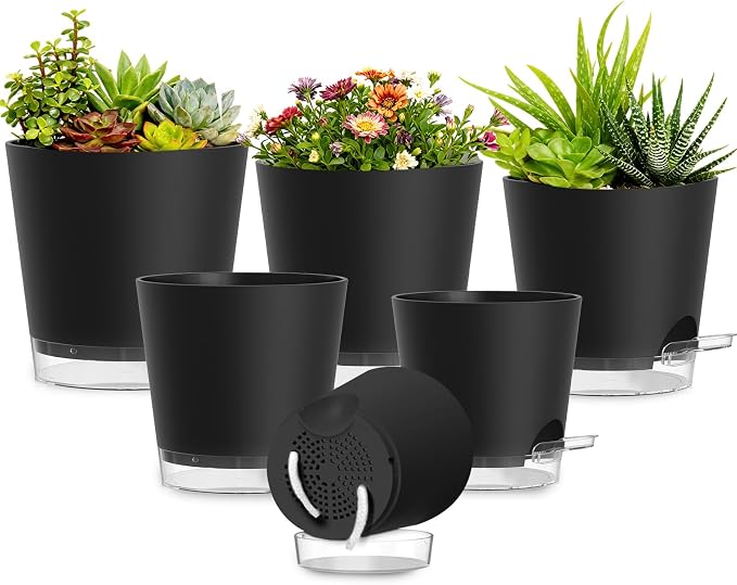 Plant Pots 4/5/5.5/6/6.5/7 Inch Self Watering Pots, 6 Pack Plastic Planters by SQKH