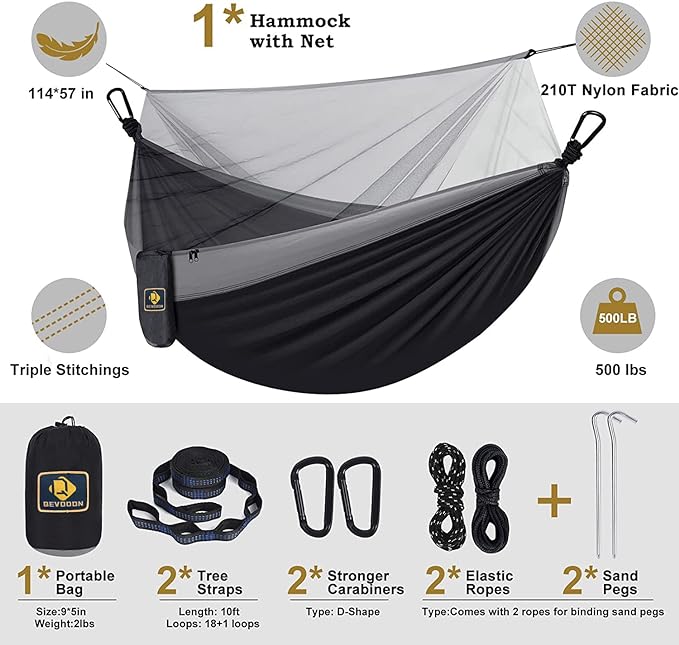 Camping Hammock with Net, Travel Portable Lightweight Hammocks with Tree Straps - Image 5