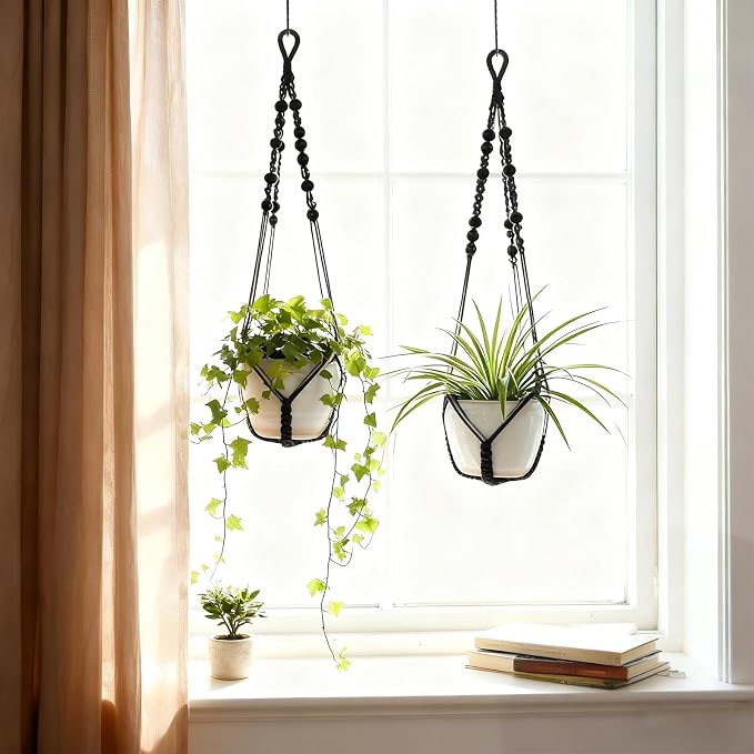 Macrame Plant Hanger, Wood Beads Cotton Hanging Planter Holder - Image 3