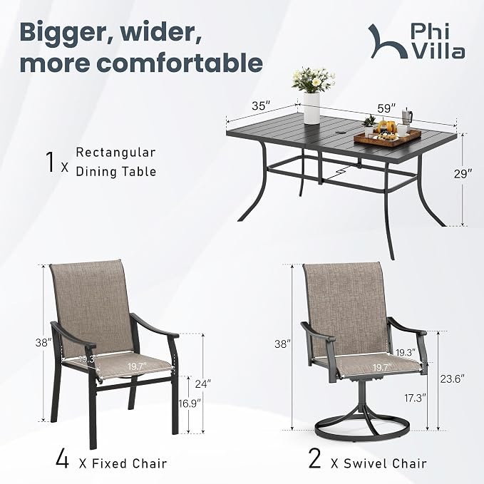 PHI VILLA 7 PCS Patio Dining Set, 2 Swivel & 4 Stable Outdoor Dining Chairs - Image 7