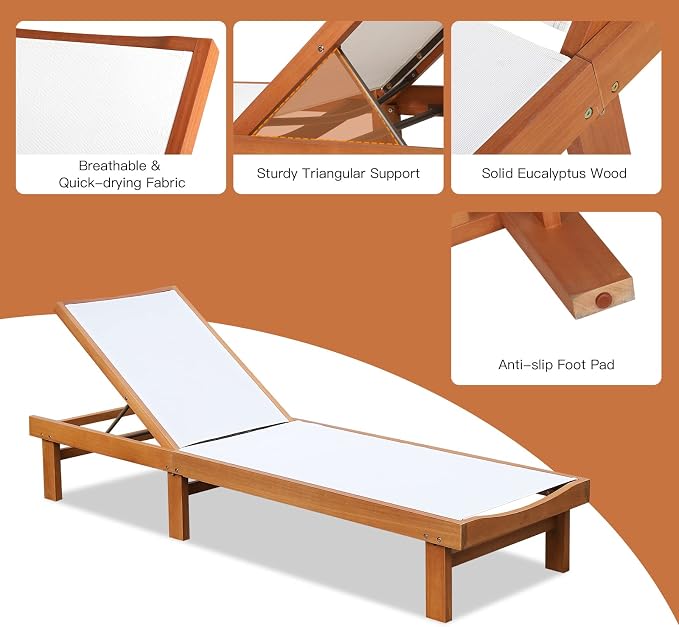 COSTWAY Patio Wood Chaise Lounge Chair, Strong Eucalyptus Wood Frame, - Image 6