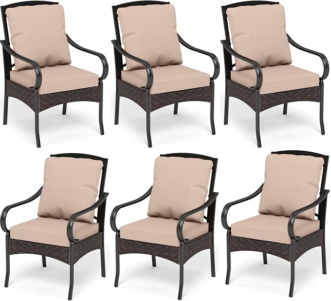 PHI VILLA Patio Chairs Set of 6, Heavy Duty Outdoor Metal Wicker Dining Chair by PHIVILLAThepioneerofcomfortablehouseholdsupplies