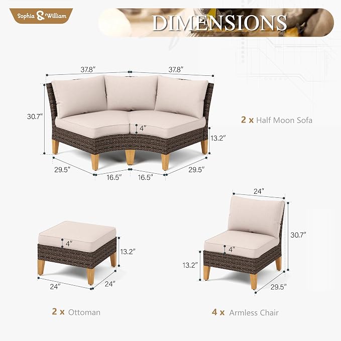 Sophia & William Patio Furniture Set, 10 Piece Half Moon Outdoor Wicker - Image 7