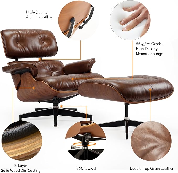Top Grain Leather, Mid Century Chaise Lounge Chair and Ottoman, Reading Chair - Image 4