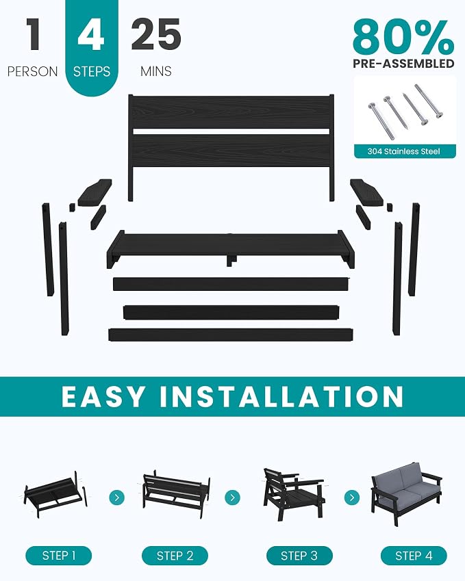 SERWALL HDPE Patio Furniture Set, 5 Piece All Weather Wood-Like Sectional - Image 7