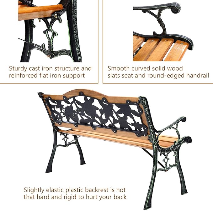 Giantex 50 Inch Patio Bench, Outdoor Furniture Rose Cast Iron Hardwood Frame - Image 5