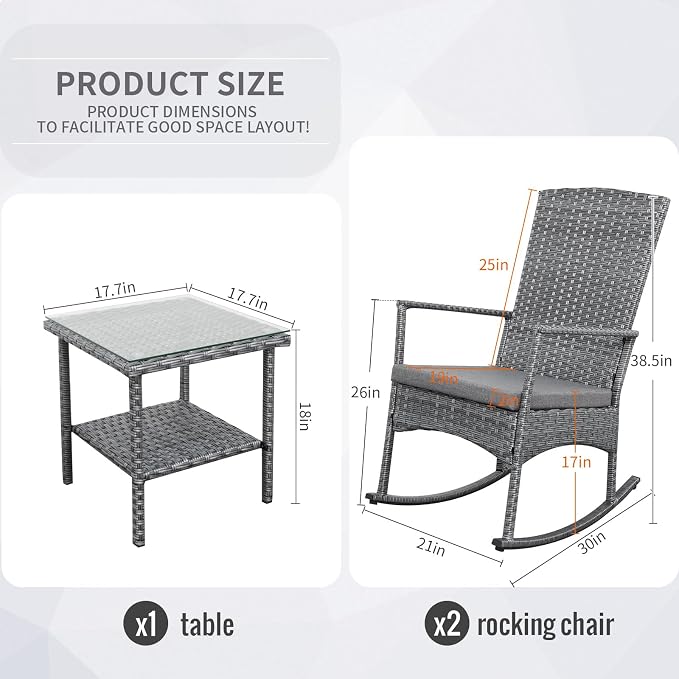 Outdoor Rocking Chair 3 Pieces High-Backed Rocking Chair Patio Rocking Chairs - Image 2