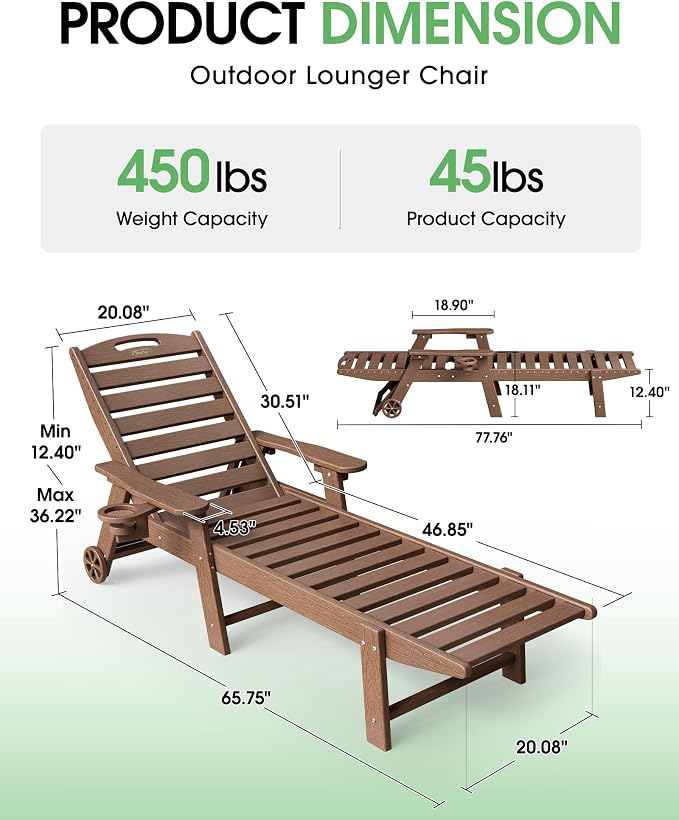 Lounge Chair Outdoor Set of 2, HDPE Chaise Lounge Outdoor - Image 2