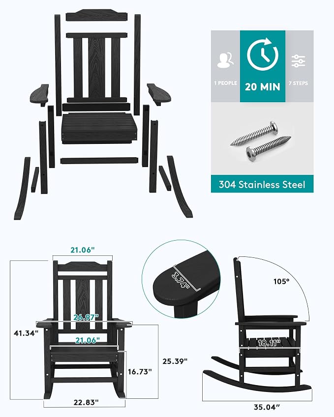 SERWALL Outdoor Rocking Chair Set of 6, Patio Rocking Chair Sets, HDPE Rocking - Image 2