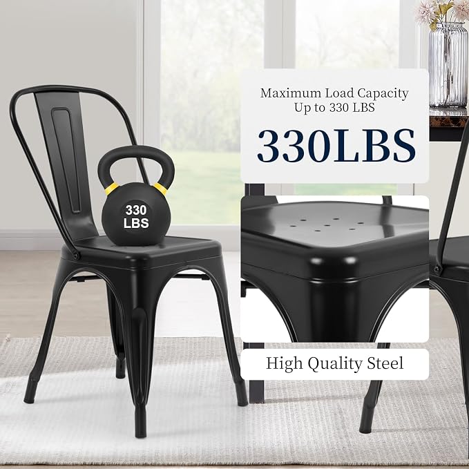 FDW | Metal Dining Chairs | Set of 4 | Black | Stackable Tolix Side Chairs - Image 6