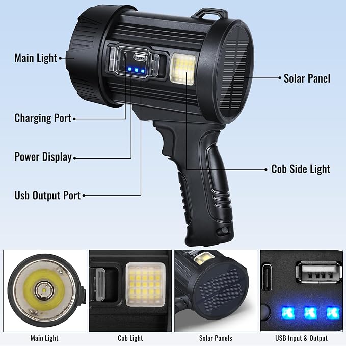 Rechargeable Spotlight, 000 LM Super Bright Handheld Spot Light LED Flashlight - Image 8