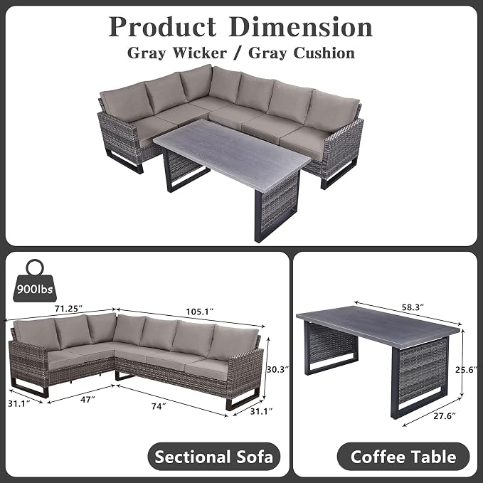 Belord Outdoor Sectional Sofa 6 Seater L Shaped Couch Wicker Patio Conversation - Image 2