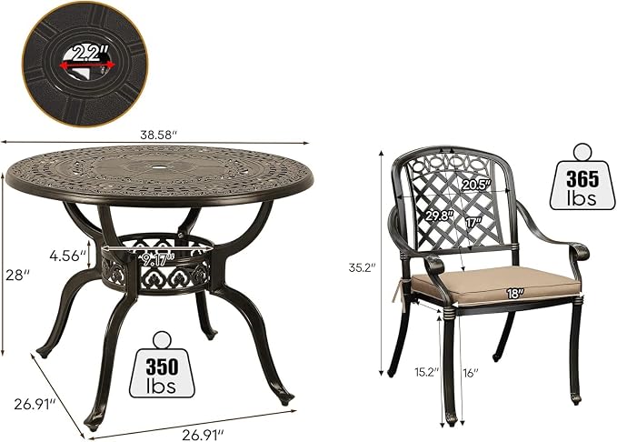 5-Piece Cast Aluminum Outdoor Patio Dining Set, All Weather Cast Aluminum - Image 6