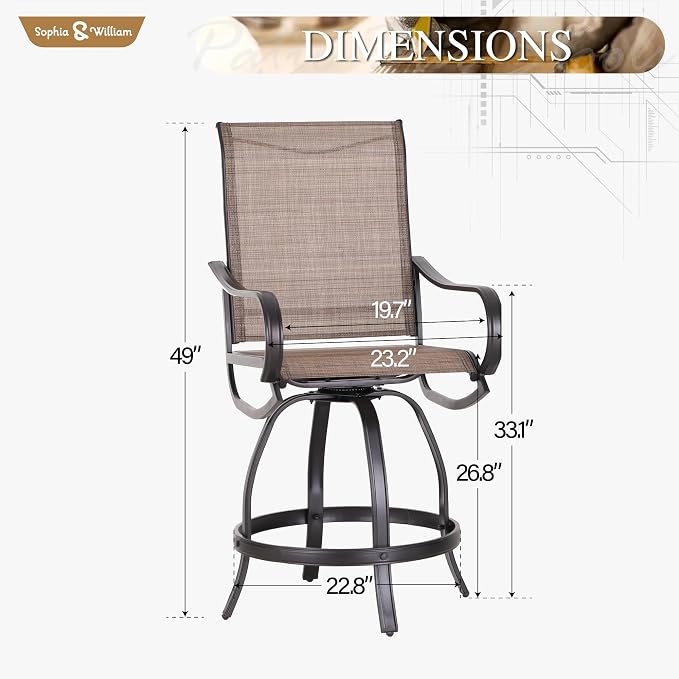 Sophia & William Patio Bar Stools Counter Height, Swivel Bar Chairs, Supports - Image 7