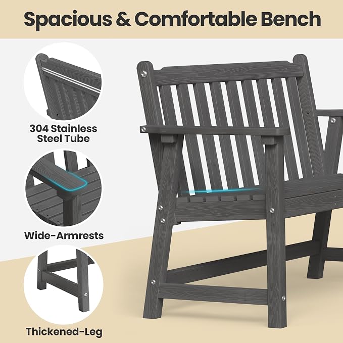 Ciokea 48" Outdoor Bench, HDPE Weatherproof Porch Bench, 2-Person Garden Benches - Image 4